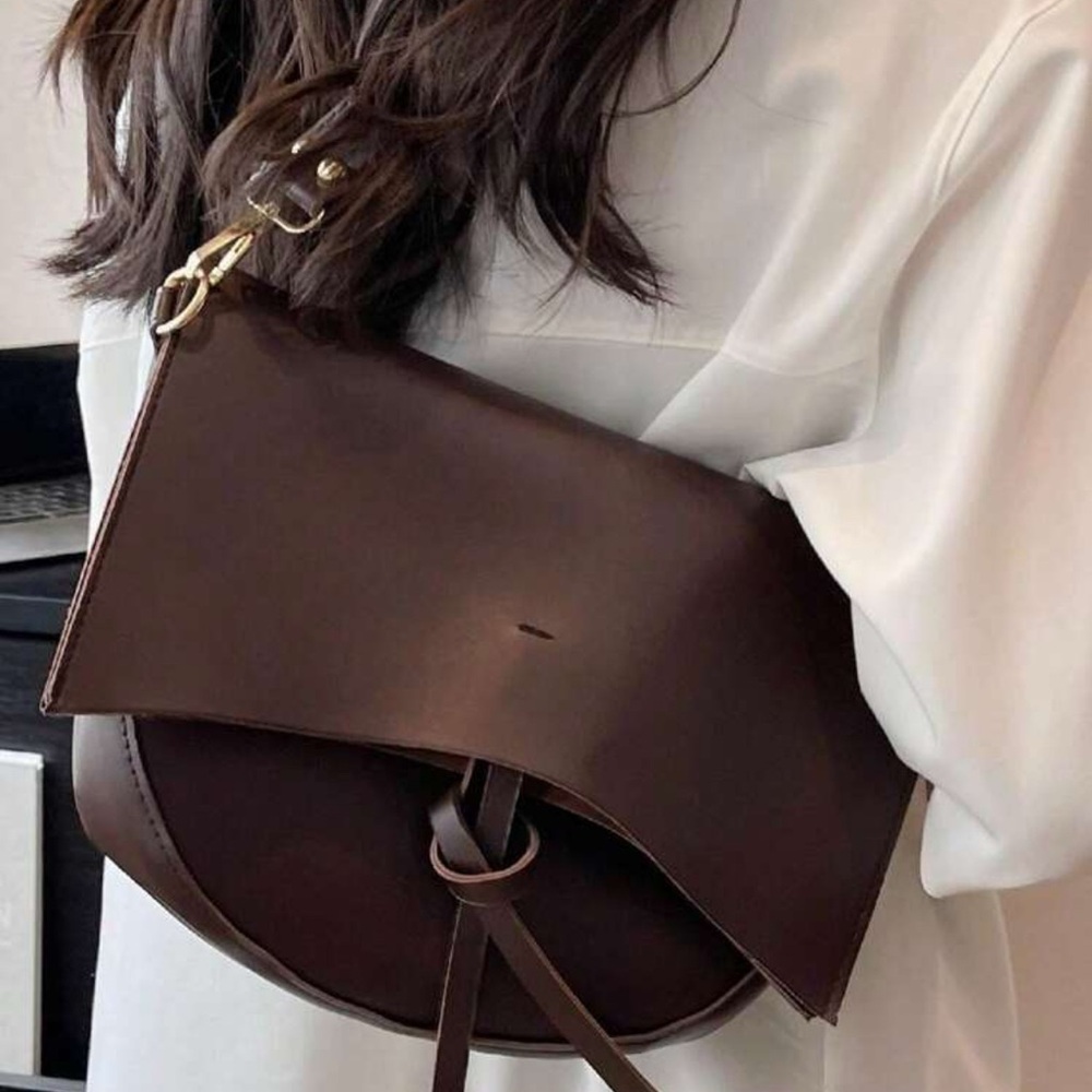 Brown faux leather moon shape shoulder bag purse gold details